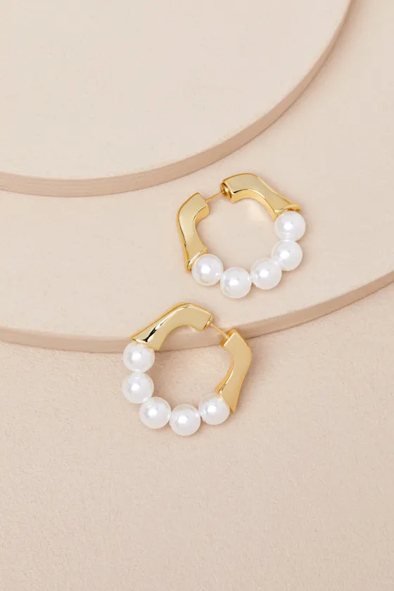Sorren 14KT Gold Pearl Huggie Hoop Earrings sold by Lulus