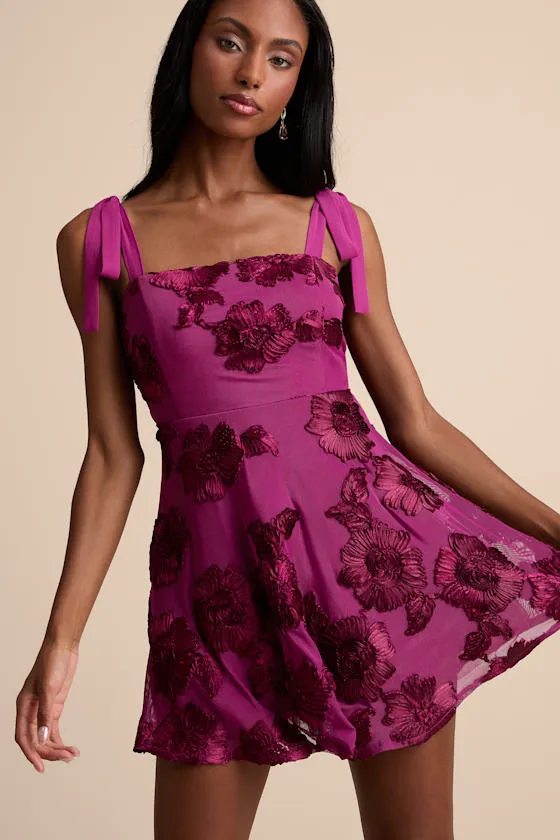 Truly Inspiring Plum Mesh Floral Applique Tie-Strap Mini Dress sold by Lulus product image thumbnail 2