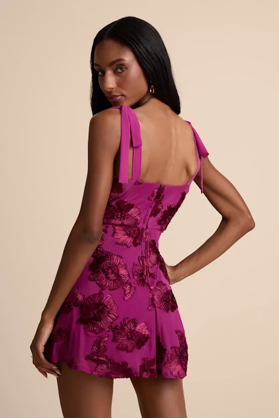 Truly Inspiring Plum Mesh Floral Applique Tie-Strap Mini Dress sold by Lulus product image thumbnail 4