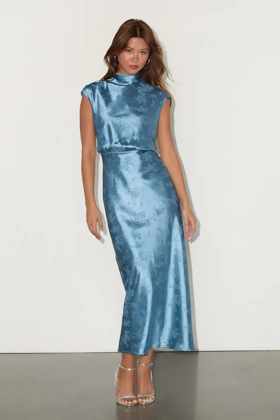 Gia Slate Blue Satin Jacquard Cutout Midi Dress sold by Lulus