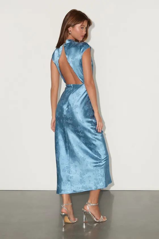 Gia Slate Blue Satin Jacquard Cutout Midi Dress sold by Lulus product image thumbnail 3