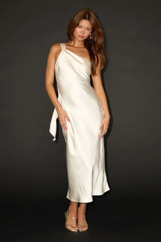 Naima White Satin One-Shoulder Midi Dress sold by Lulus