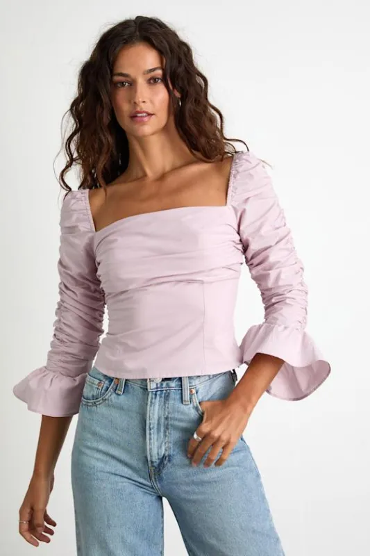 Felia Dusty Lavender Cotton Ruched Three-Quarter Sleeve Top sold by Lulus