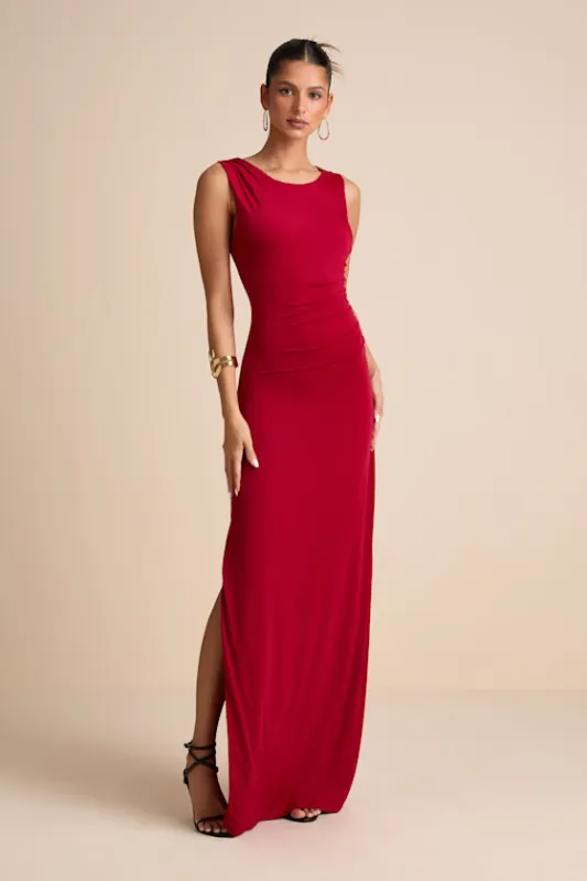 Significant Allure Red Slinky Knit Ruched Maxi Dress sold by Lulus
