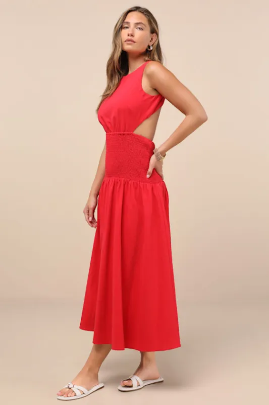 Melina Red Backless Drop Waist Midi Dress sold by Lulus