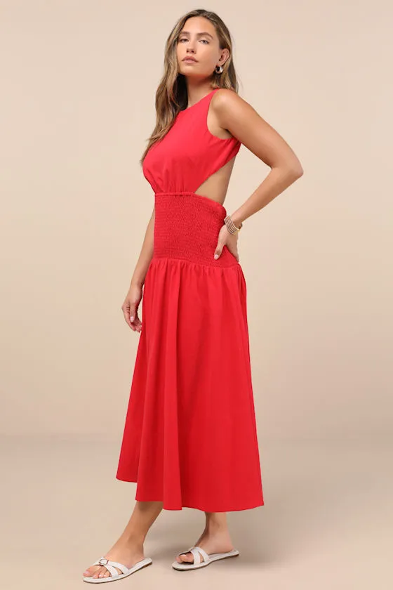 Melina Red Backless Drop Waist Midi Dress sold by Lulus