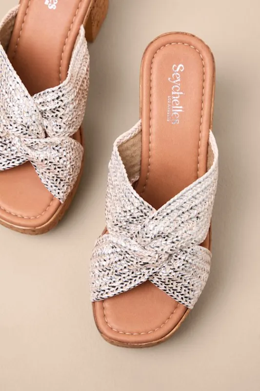 Adorned Silver Woven Platform Slide Sandals sold by Lulus