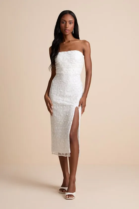 Tera White Floral Embroidered Strapless Midi Dress sold by Lulus