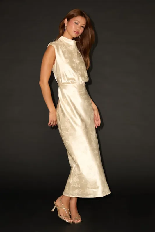 Gia Cream Satin Jacquard Cutout Midi Dress sold by Lulus
