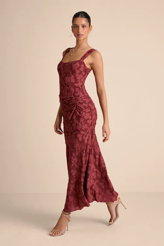 Celeste Rust Red Floral Burnout Bustier Maxi Dress sold by Lulus product image thumbnail 2