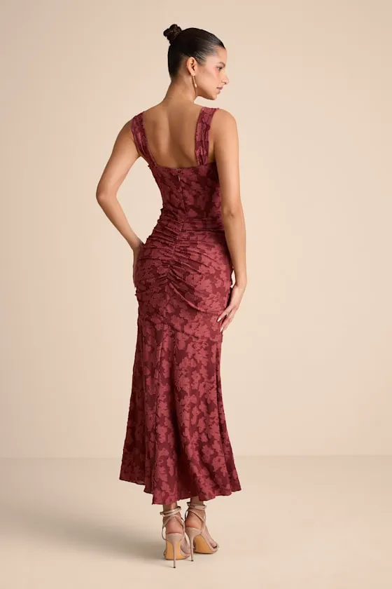 Celeste Rust Red Floral Burnout Bustier Maxi Dress sold by Lulus product image thumbnail 3