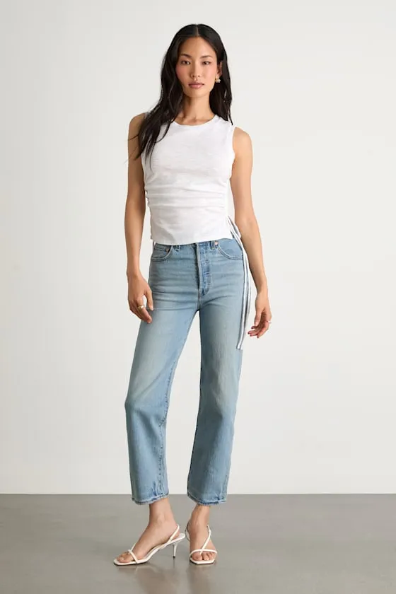 Ribcage Light Wash Denim Straight Ankle Jeans sold by Lulus