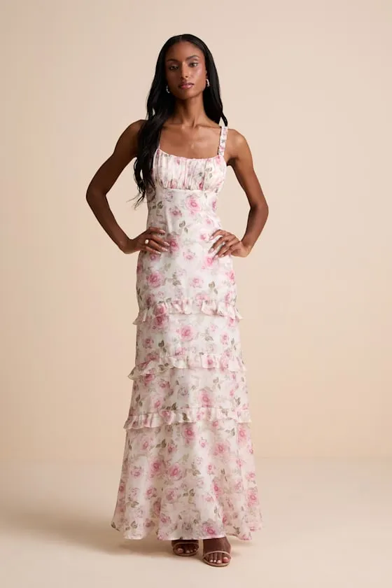 Remiette Cream Floral Ruffled Empire Waist Maxi Dress sold by Lulus