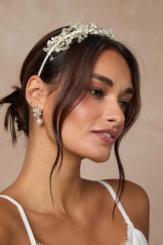 Elfrida White Pearl Beaded Flower Headband sold by Lulus