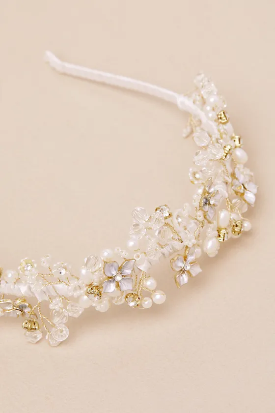Elfrida White Pearl Beaded Flower Headband sold by Lulus product image thumbnail 4