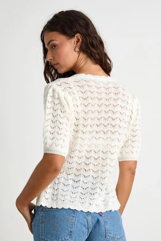 Avelyn Ivory Pointelle Knit Puff Sleeve Sweater Top sold by Lulus product image thumbnail 3