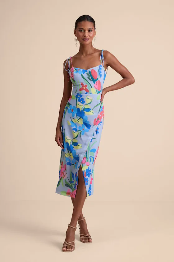 Kristel Blue Floral Print Tie-Strap Midi Dress sold by Lulus