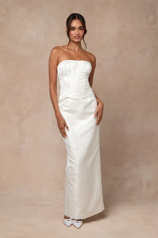 Melva White Satin Jacquard Two-Piece Bustier Maxi Dress sold by Lulus