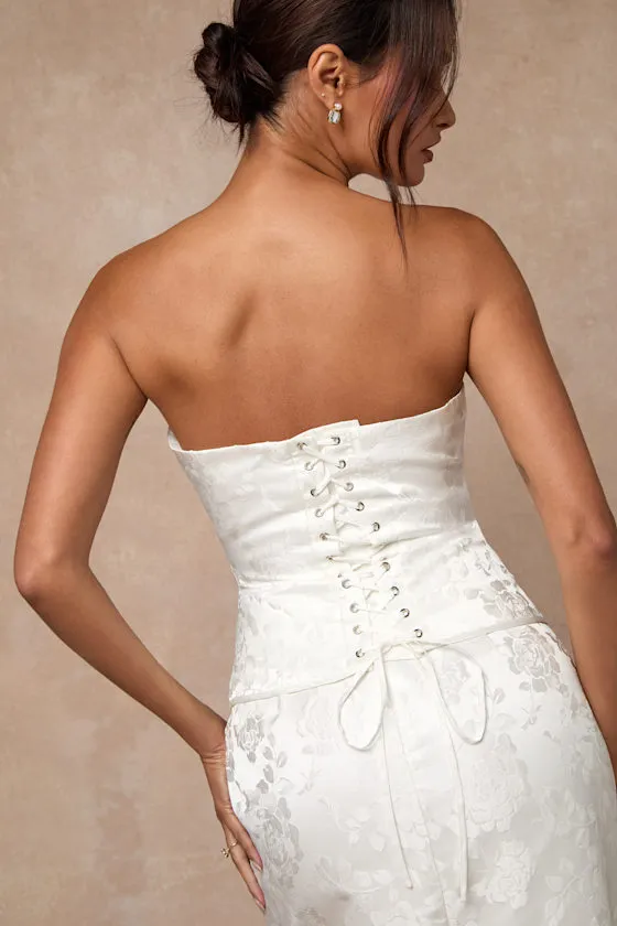 Melva White Satin Jacquard Two-Piece Bustier Maxi Dress sold by Lulus product image thumbnail 2