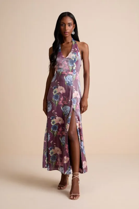 Liviana Dark Purple Floral Halter Maxi Dress sold by Lulus