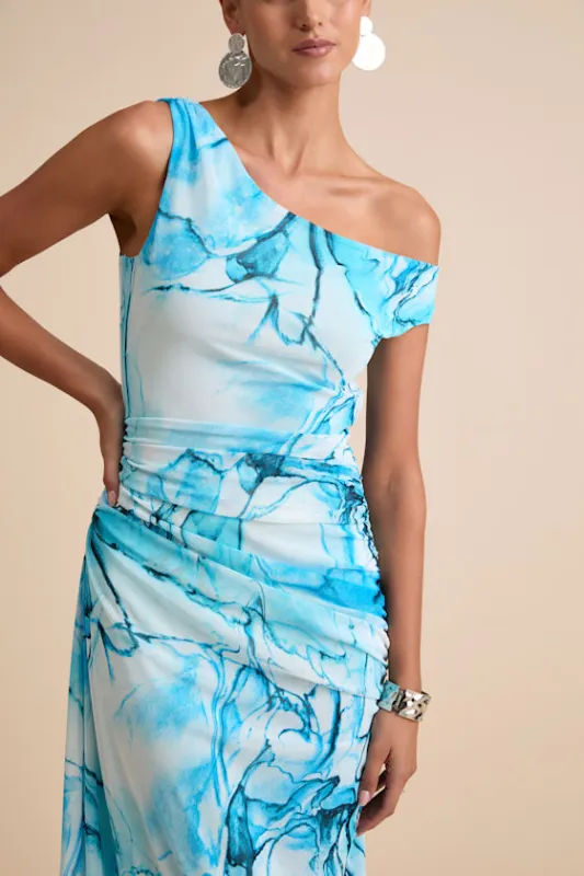 Jojo Light Blue Marbled Ruched One-Shoulder Maxi Dress sold by Lulus
