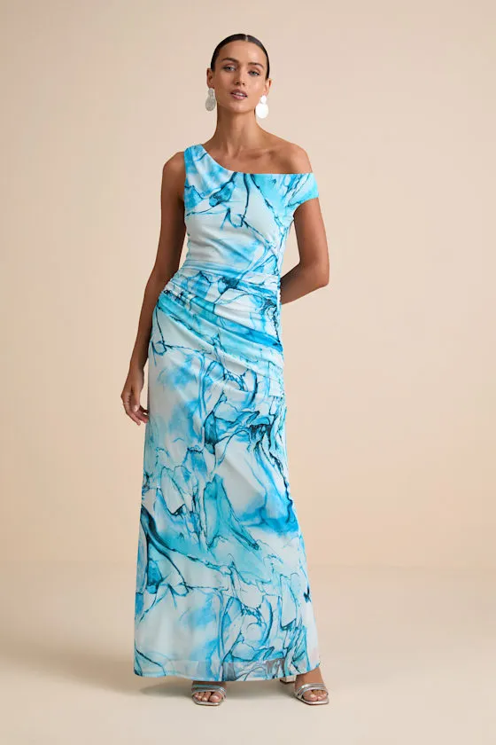 Jojo Light Blue Marbled Ruched One-Shoulder Maxi Dress sold by Lulus product image thumbnail 2
