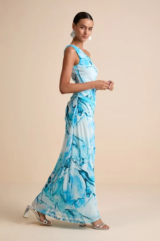 Jojo Light Blue Marbled Ruched One-Shoulder Maxi Dress sold by Lulus product image thumbnail 3