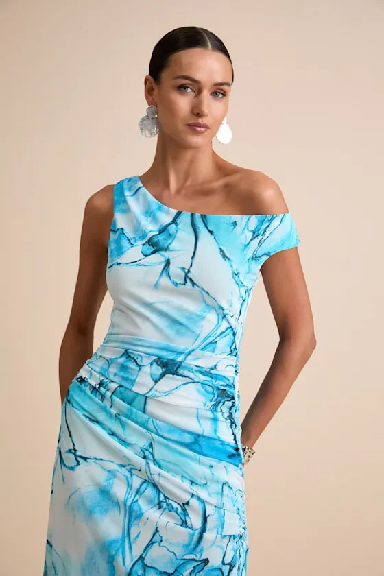 Jojo Light Blue Marbled Ruched One-Shoulder Maxi Dress sold by Lulus product image thumbnail 4