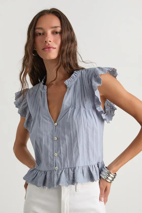 Annabelle Slate Blue Pleated Cotton Button-Up Top sold by Lulus