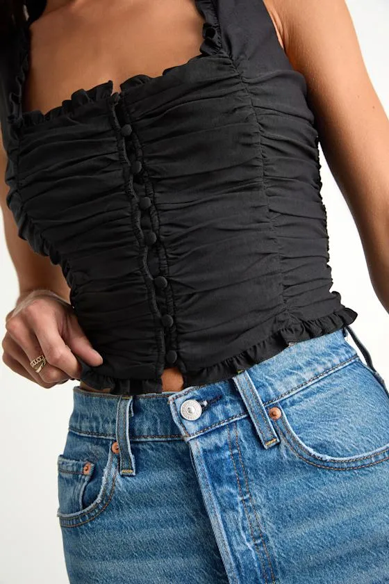 Rachael Black Ruched Button-Front Tank Top sold by Lulus product image thumbnail 2