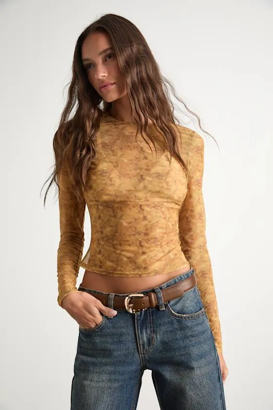 Yumi Yellow Abstract Sheer Mesh Long Sleeve Top sold by Lulus