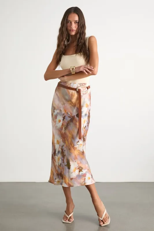 Shalia Multi Abstract Floral Midi Skirt sold by Lulus