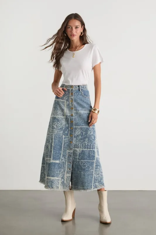McKenzie Medium Wash Paisley Button-Front Denim Midi Skirt sold by Lulus