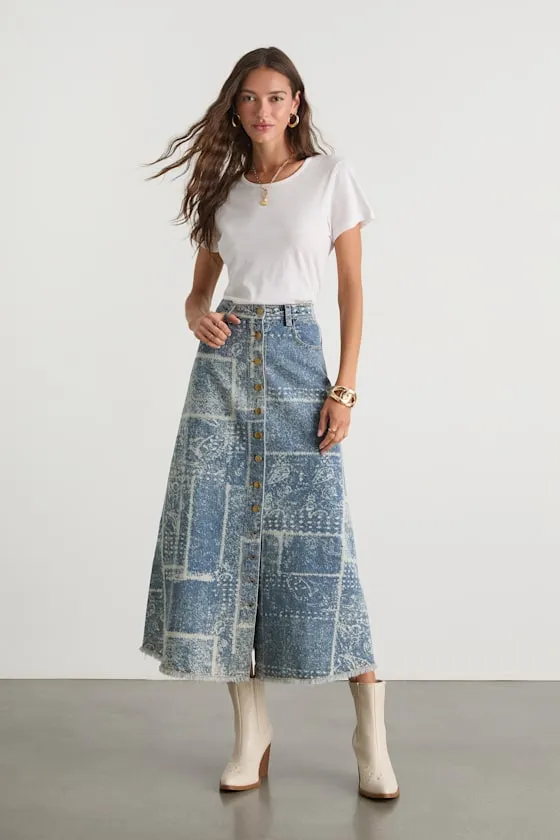 McKenzie Medium Wash Paisley Button-Front Denim Midi Skirt sold by Lulus
