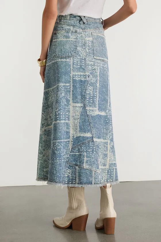 McKenzie Medium Wash Paisley Button-Front Denim Midi Skirt sold by Lulus product image thumbnail 3