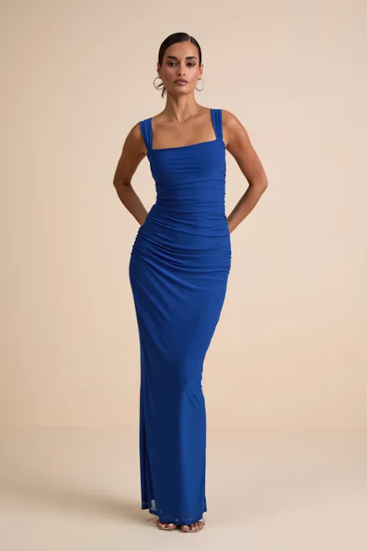 Amazing Presence Blue Mesh Ruched Column Maxi Dress sold by Lulus