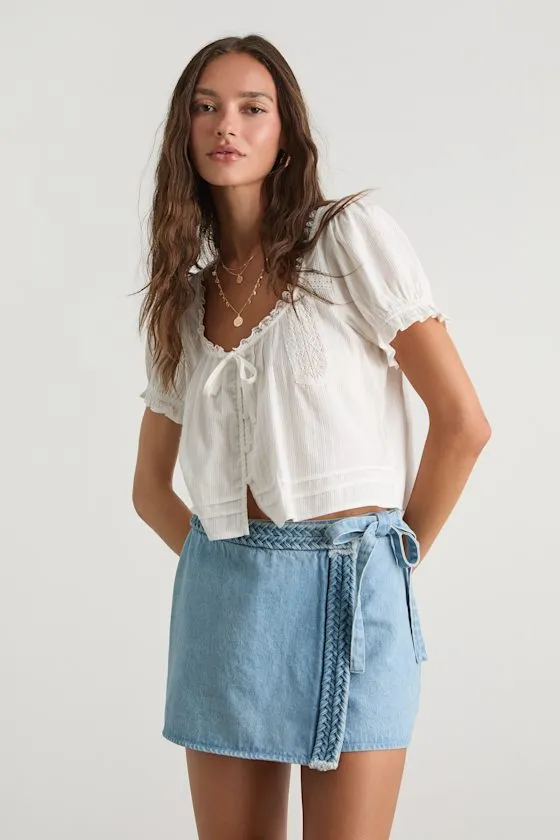 Joanie Light Wash Denim Faux-Wrap Braided Skort sold by Lulus