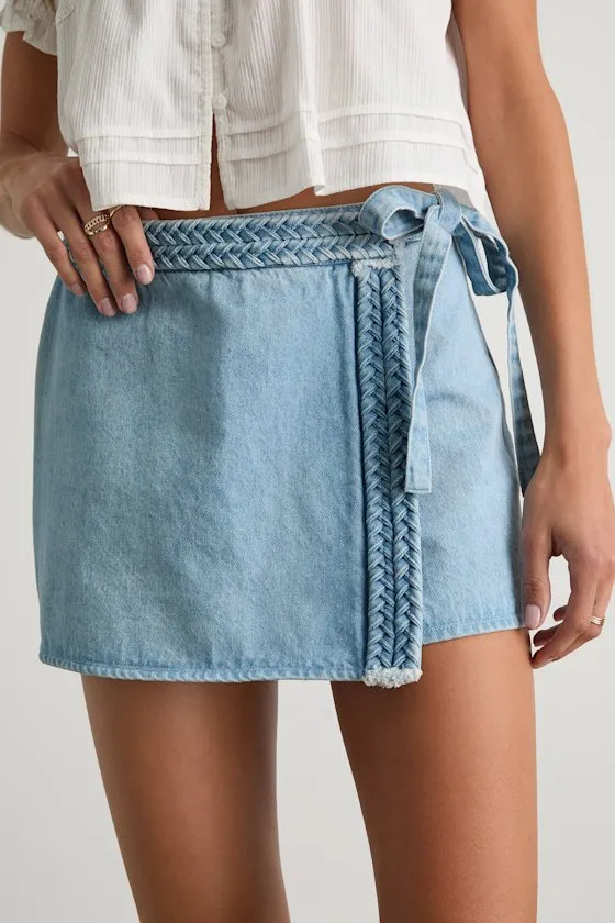 Joanie Light Wash Denim Faux-Wrap Braided Skort sold by Lulus product image thumbnail 2