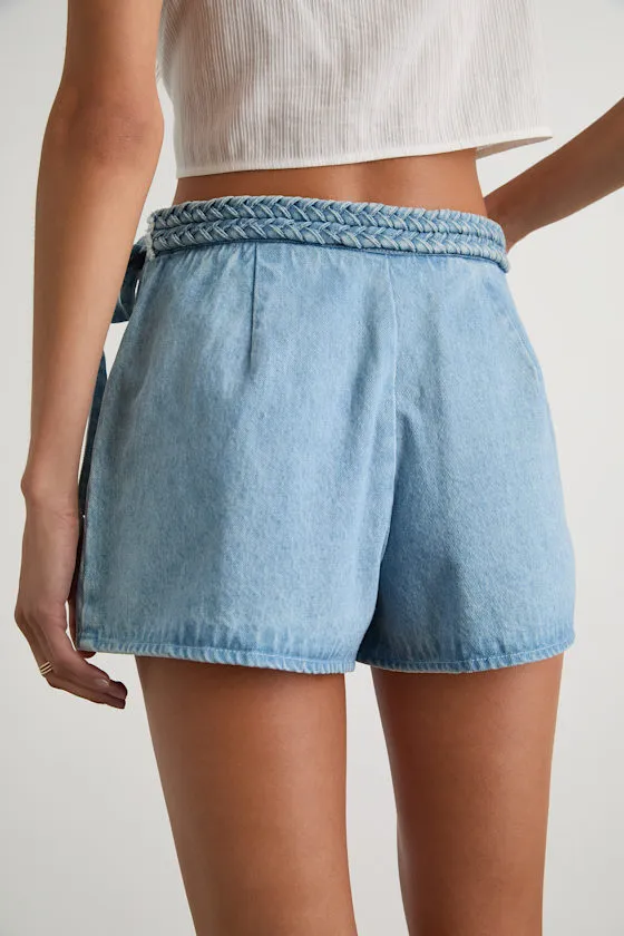 Joanie Light Wash Denim Faux-Wrap Braided Skort sold by Lulus product image thumbnail 3