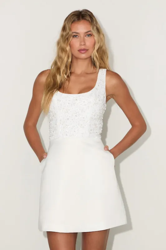 Shireen White Satin Sequin Beaded Mini Dress sold by Lulus