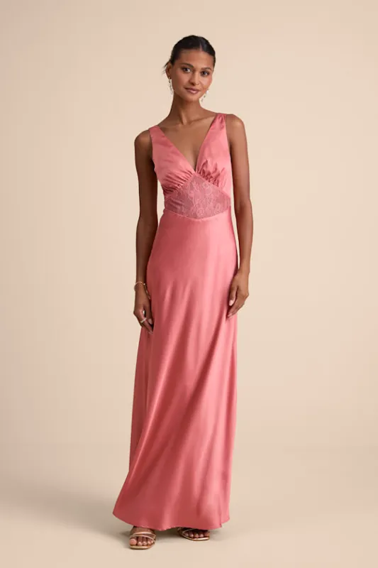 Toulouse Rusty Rose Satin Lace Maxi Dress sold by Lulus