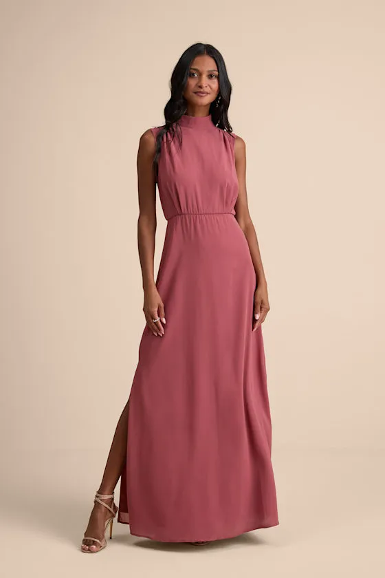 Classic Elegance Rusty Rose Sleeveless Mock Neck Maxi Dress sold by Lulus