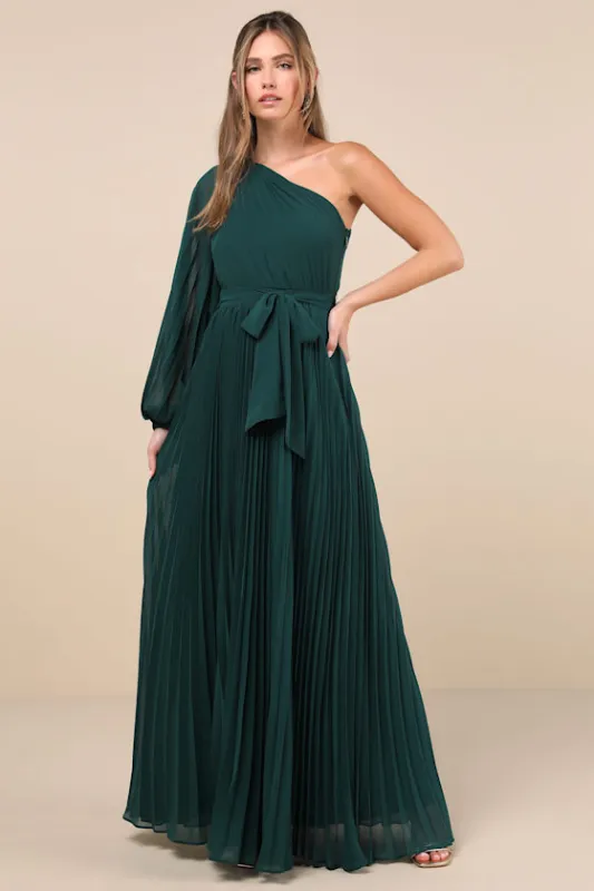 Divine Charm Green Pleated One-Shoulder Maxi Dress sold by Lulus