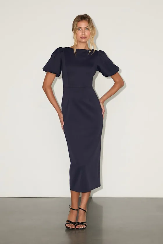 Simply Beloved Navy Puff Sleeve Bodycon Midi Dress sold by Lulus product image thumbnail 2
