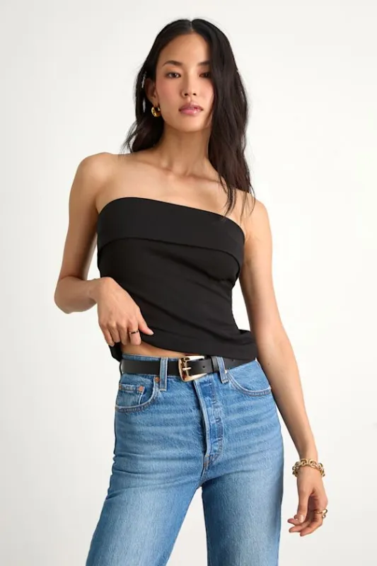 Nikora Black Ponte Knit Strapless Top sold by Lulus