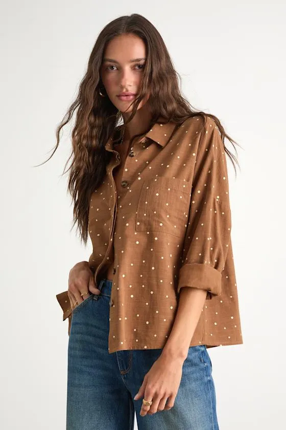 Amelia Dawn Brown Polka Dot Long Sleeve Button-Up Top sold by Lulus