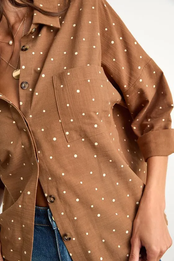 Amelia Dawn Brown Polka Dot Long Sleeve Button-Up Top sold by Lulus product image thumbnail 2