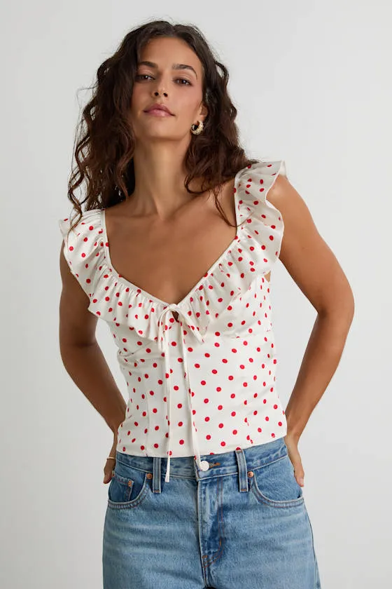 Vivi White Polka Dot Satin Ruffled Tie-Back Top sold by Lulus product image thumbnail 2