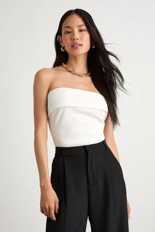 Nikora White Ponte Knit Strapless Top sold by Lulus