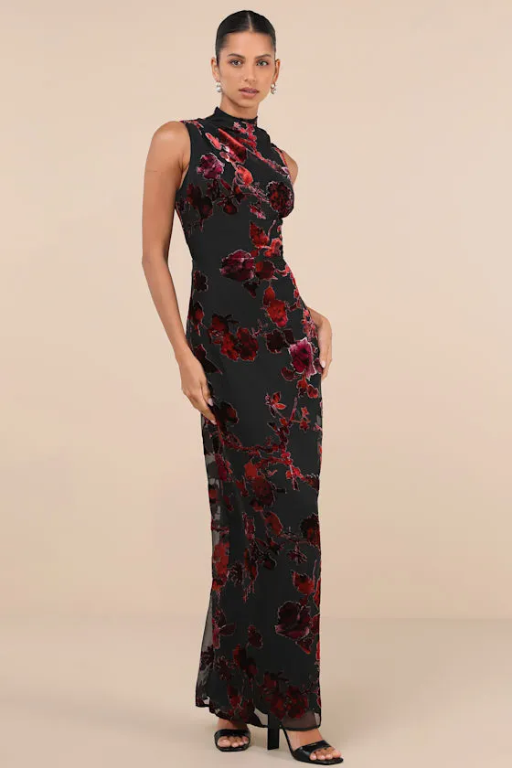 Composed Glamour Red and Black Burnout Velvet Maxi Dress sold by Lulus